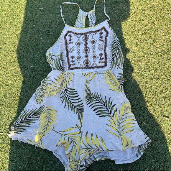 Altar'd State Pants - Altar'd State Cream and Yellow Leaf Print Romper botanical flowers embellished S